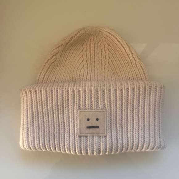 ACNE STUDIOS Logo Patch Wool Knit Beanie Hat in Cream - Picture 1 of 7